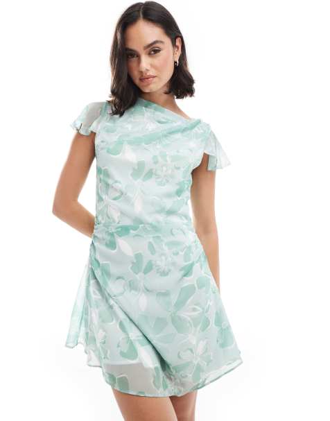 ASOS DESIGN - Robe rétro courte avec imprimé fleuri et encolure asymétrique - Vert - view 1