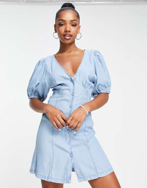 ASOS DESIGN - Robe rétro courte en denim doux à coutures apparentes - Bleu
