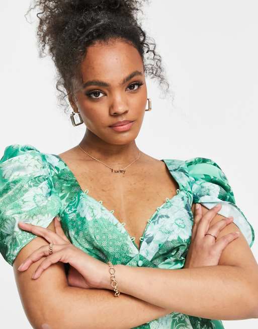 ASOS DESIGN - Robe rétro courte et boutonnée à épaules drapées - Vert fleuri, 3 de 4