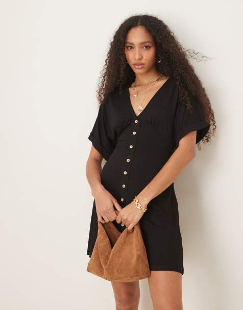 ASOS DESIGN - Robe rétro courte et boutonnée à manches retroussées - Noir - view 1