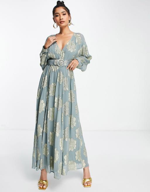 ASOS DESIGN Robe r tro longue avec manches chauve souris et ceinture en jacquard m tallis