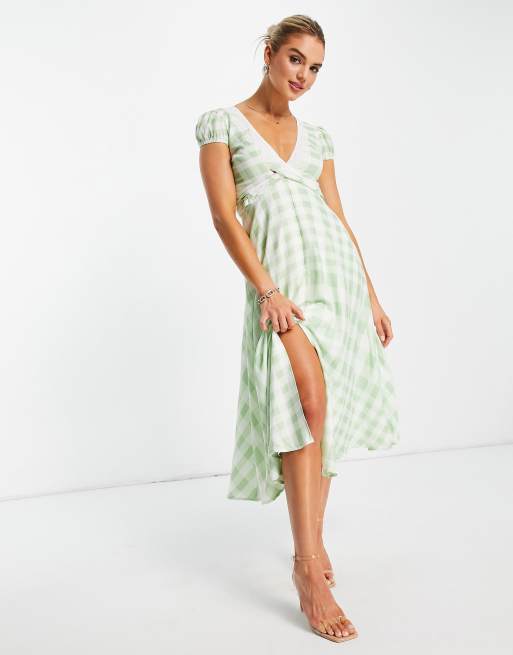 ASOS DESIGN Robe retro mi longue a mancherons et carreaux vichy avec empiecements en dentelle