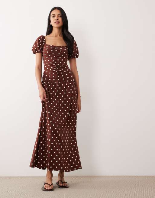ASOS DESIGN - Robe rétro mi-longue à pois avec fronces sur l'avant - Chocolat, 2 de 4