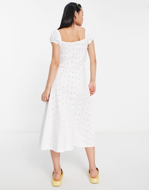 ASOS DESIGN - Robe rétro mi-longue en broderie anglaise à boutons sur le buste - Blanc, 2 de 4