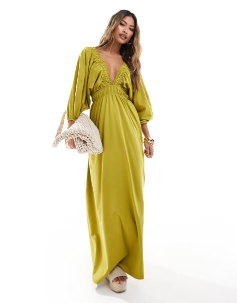 ASOS DESIGN - Robe rétro mi-longue et élastique avec taille froncée et décolleté plongeant - Vert olive - view 1