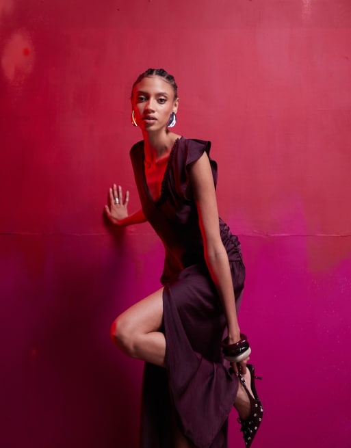 ASOS DESIGN - Robe satinée asymétrique à volants - Violet foncé, 2 de 5