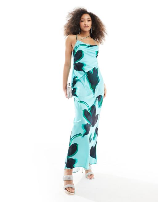 ASOS DESIGN - Robe satinée longue à imprimé fleuri avec dos ouvert et superposition - Bleu