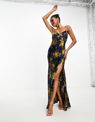 ASOS DESIGN - Robe satinée longue à imprimé fleuri avec fente goutte d'eau et empiècement en dentelle - Bleu marine
