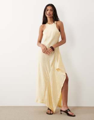 Robe satinée mi-longue à dos nageur avec volants sur le côté - Babeurre-multicolore 46