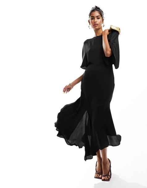 ASOS DESIGN - Robe satinée mi-longue à ourlet asymétrique et manches évasées - Noir - view 1