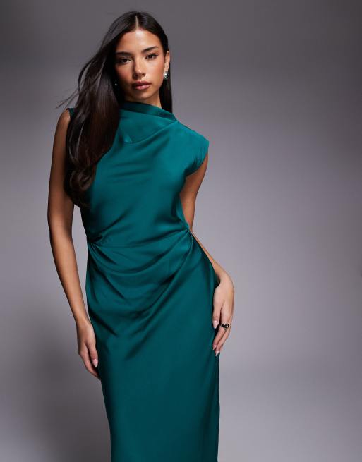 ASOS DESIGN - Robe satinée mi-longue avec buste plissé et col montant - Sarcelle, 2 de 4