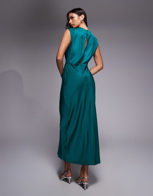 ASOS DESIGN - Robe satinée mi-longue avec buste plissé et col montant - Sarcelle, 3 de 4