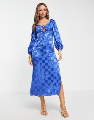 ASOS DESIGN satin checkerboard jacquard midi dress with tie neck detail in blue - ASOS Price Checker