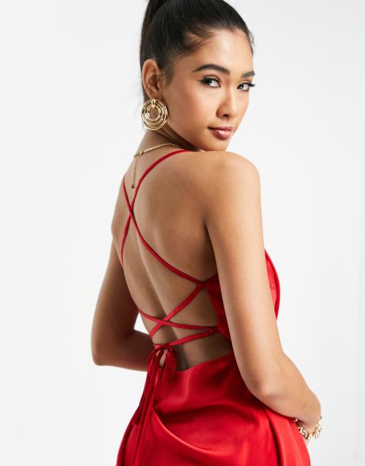 ASOS DESIGN - Robe satinée mi-longue et lacée dans le dos avec encolure carrée et détail drapé - Rouge, 3 de 4