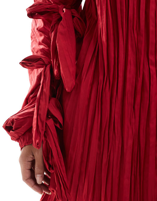 ASOS DESIGN - Robe structurée courte en satin froissé avec manches cocon à détails noués - Rouge, 2 de 4