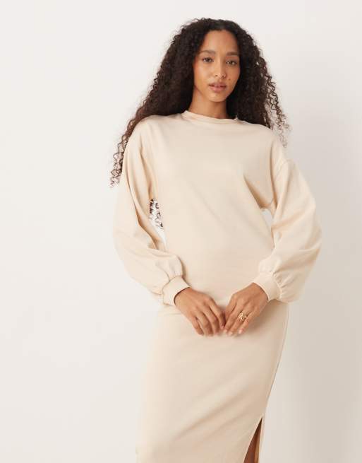 ASOS DESIGN - Robe sweat mi-longue en coton à manches ballon - Crème, 3 de 4