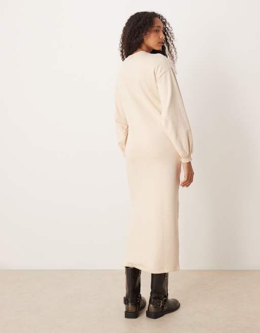 ASOS DESIGN - Robe sweat mi-longue en coton à manches ballon - Crème, 4 de 4