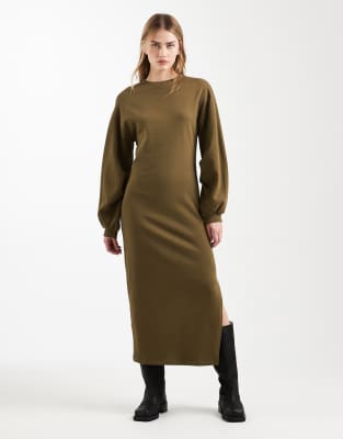 Robe sweat mi-longue en coton à manches ballon - Kaki-Vert 32
