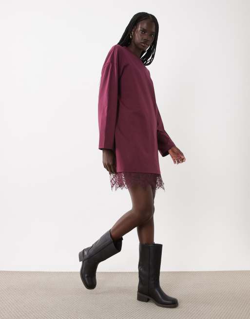 ASOS DESIGN robe t-shirt à manches longues avec ourlet bordé de dentelle, prune, 2 de 4