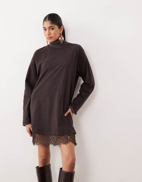 ASOS DESIGN - Robe t-shirt à manches longues et détail en dentelle - Marron - view 1