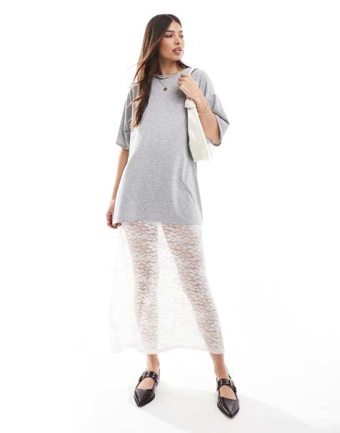 ASOS DESIGN - Robe t-shirt avec jupe en dentelle - Gris chiné - view 1