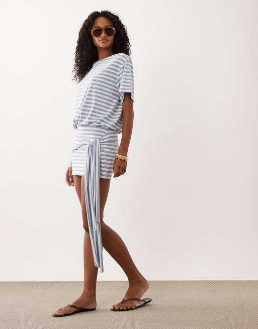 ASOS DESIGN - Robe t-shirt courte à rayures et détail noué - Bleu clair/blanc, 2 de 4