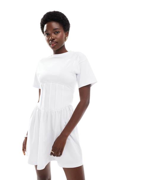 ASOS DESIGN - Robe t-shirt courte à taille corset - Blanc - view 1