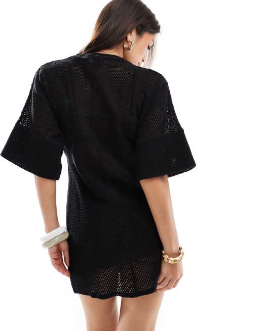 ASOS DESIGN - Robe t-shirt courte en crochet effet rentré - Noir, 4 de 4