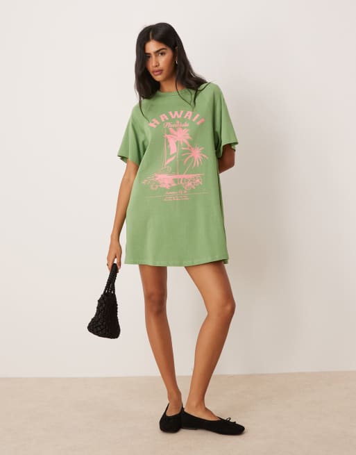 ASOS DESIGN - Robe t-shirt courte et oversize à imprimé Hawaii - Vert, 4 de 4