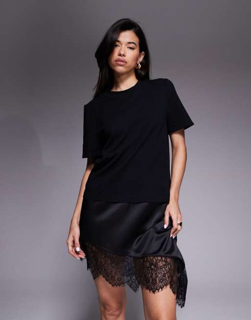 ASOS DESIGN - Robe t-shirt courte hybride avec ourlet en dentelle - Noir, 4 de 4