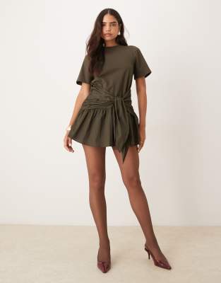 Robe t-shirt courte nouée devant avec jupe en popeline - Olive foncé-Vert 44