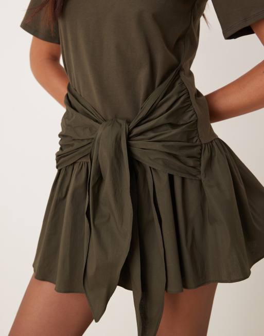 ASOS DESIGN - Robe t-shirt courte nouée devant avec jupe en popeline - Olive foncé, 4 de 4