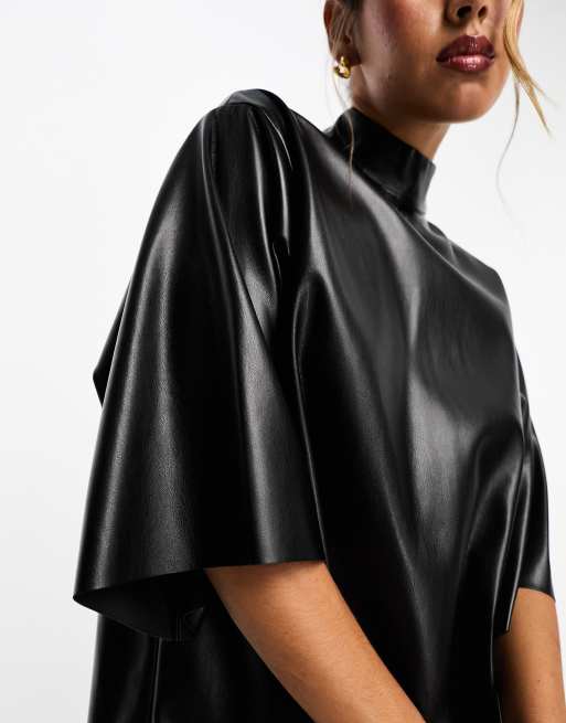 ASOS DESIGN - Robe t-shirt en imitation cuir avec col montant - Noir, 3 de 4