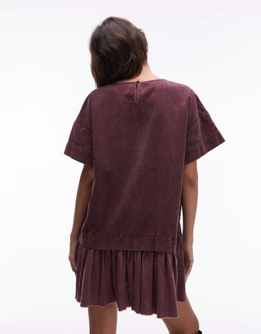 ASOS DESIGN - Robe t-shirt hybride courte et oversize en velours côtelé - Mûre délavé, 3 de 4