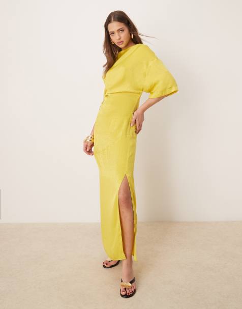 ASOS DESIGN - Robe t-shirt longue effet drapé au dos avec détail plissé - Chartreuse - view 1