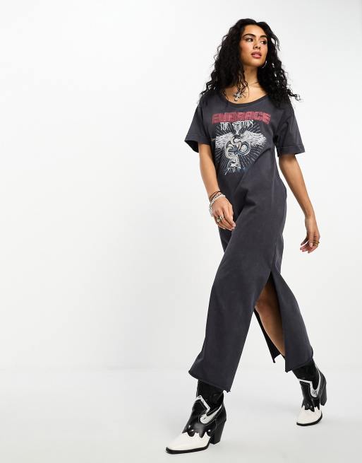 ASOS DESIGN Robe t shirt mi longue a ourlet fendu avec imprime graphique Gris delave ASOS