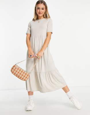 ASOS DESIGN - Robe t-shirt mi-longue à volants superposés - Taupe 