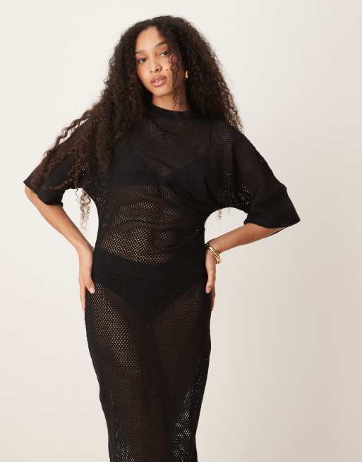ASOS DESIGN - Robe t-shirt mi-longue au crochet effet rentré - Noir, 3 de 4