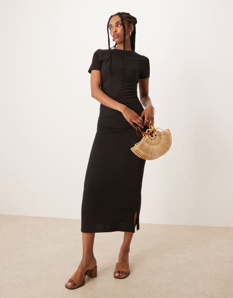 ASOS DESIGN - Robe t-shirt mi-longue froncée - Noir - view 1