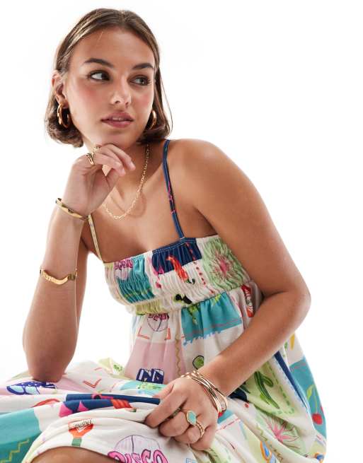 ASOS DESIGN - Robe texturée longue à imprimé carte postale avec buste froncé et bretelles fines, 2 de 4