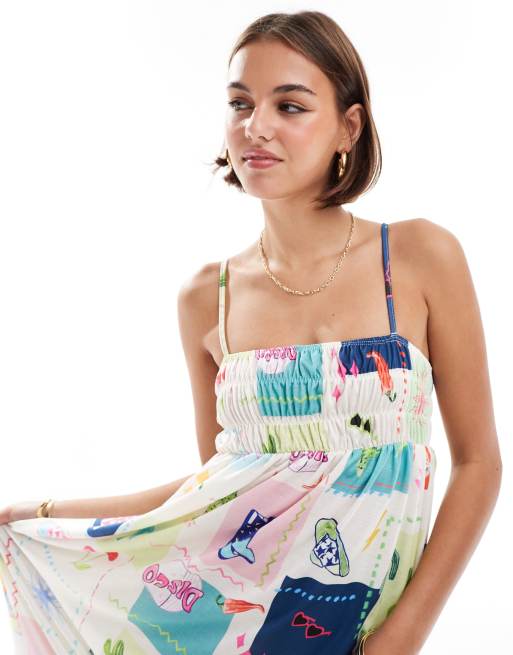 ASOS DESIGN - Robe texturée longue à imprimé carte postale avec buste froncé et bretelles fines, 4 de 4