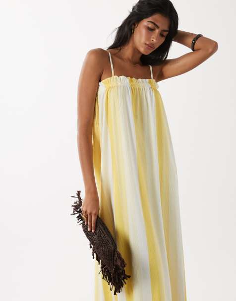 ASOS DESIGN - Robe texturée longueur mollet à rayures verticales avec détail froncé - Jaune - view 1