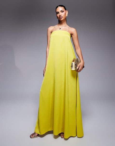 ASOS DESIGN - Robe trapèze bandeau longue en satin - Chartreuse - view 1