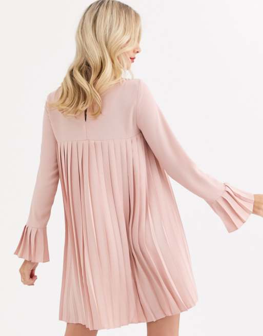 ASOS DESIGN Robe trapeze courte plissee a manches longues Rose