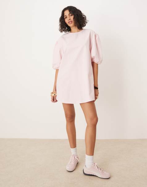 ASOS DESIGN - Robe trapèze en coton avec manches volumineuses - Rose - view 1