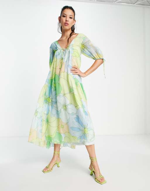 ASOS DESIGN Robe trap ze longue imprim fleuri style ann es 70 Vert