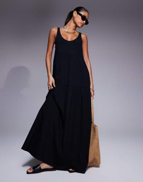 ASOS DESIGN - Robe trapèze longue à volants étagés et encolure dégagée - Noir - view 1