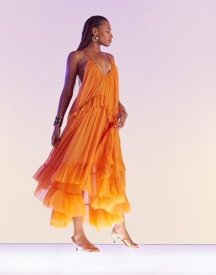 ASOS DESIGN - Robe trapèze longue avec encolure échancrée et volants - Orange | ASOS
