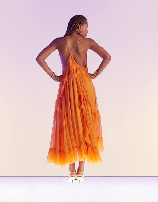 ASOS DESIGN - Robe trapèze longue avec encolure échancrée et volants - Orange, 2 de 4