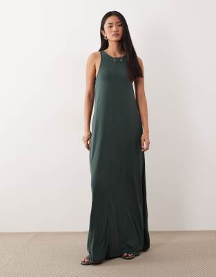ASOS DESIGN - Robe trapèze longue en modal mélangé - Vert foncé